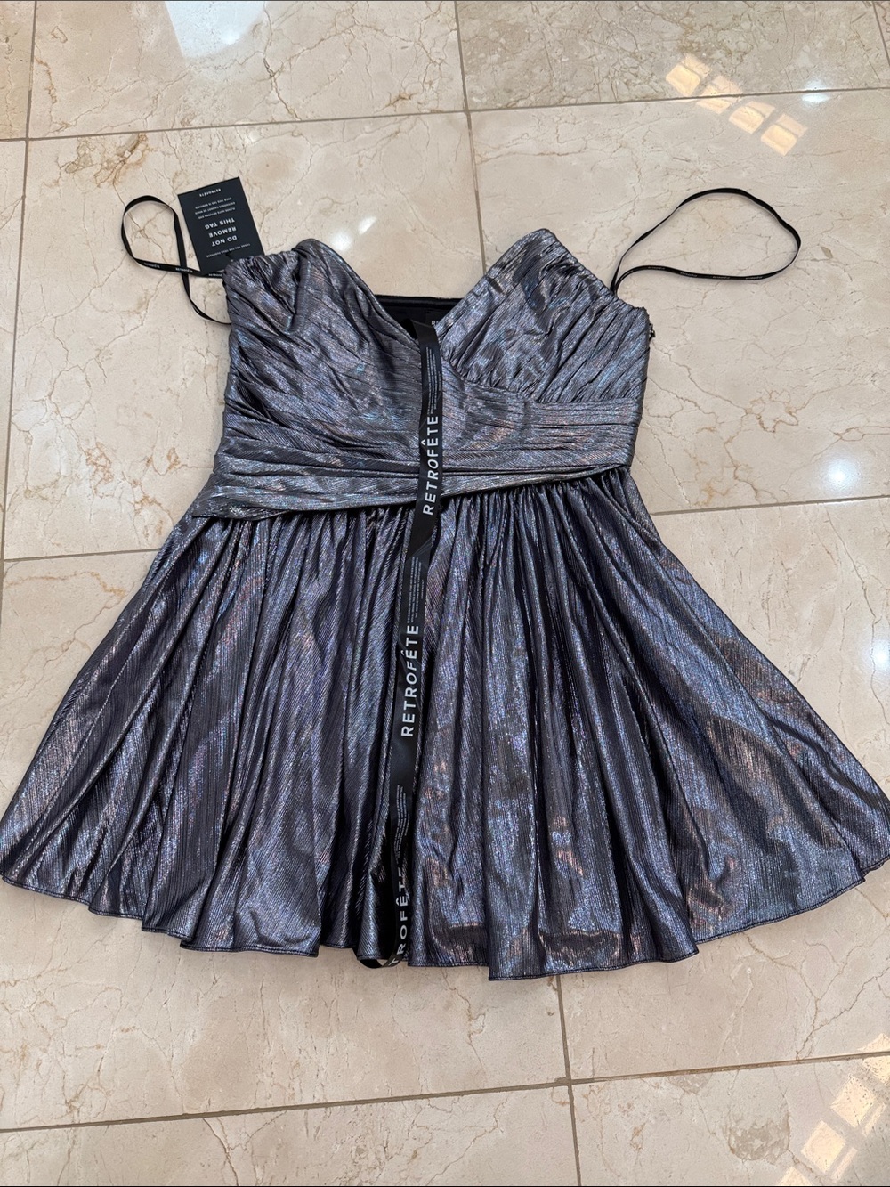 Retrofete Metallic Gunmetal Pleated Party Dress